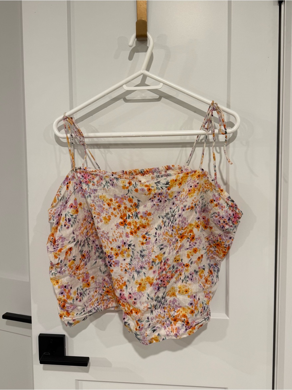 H&M White Floral Tie-Strap Tank Top with Orange & Pink Flowers